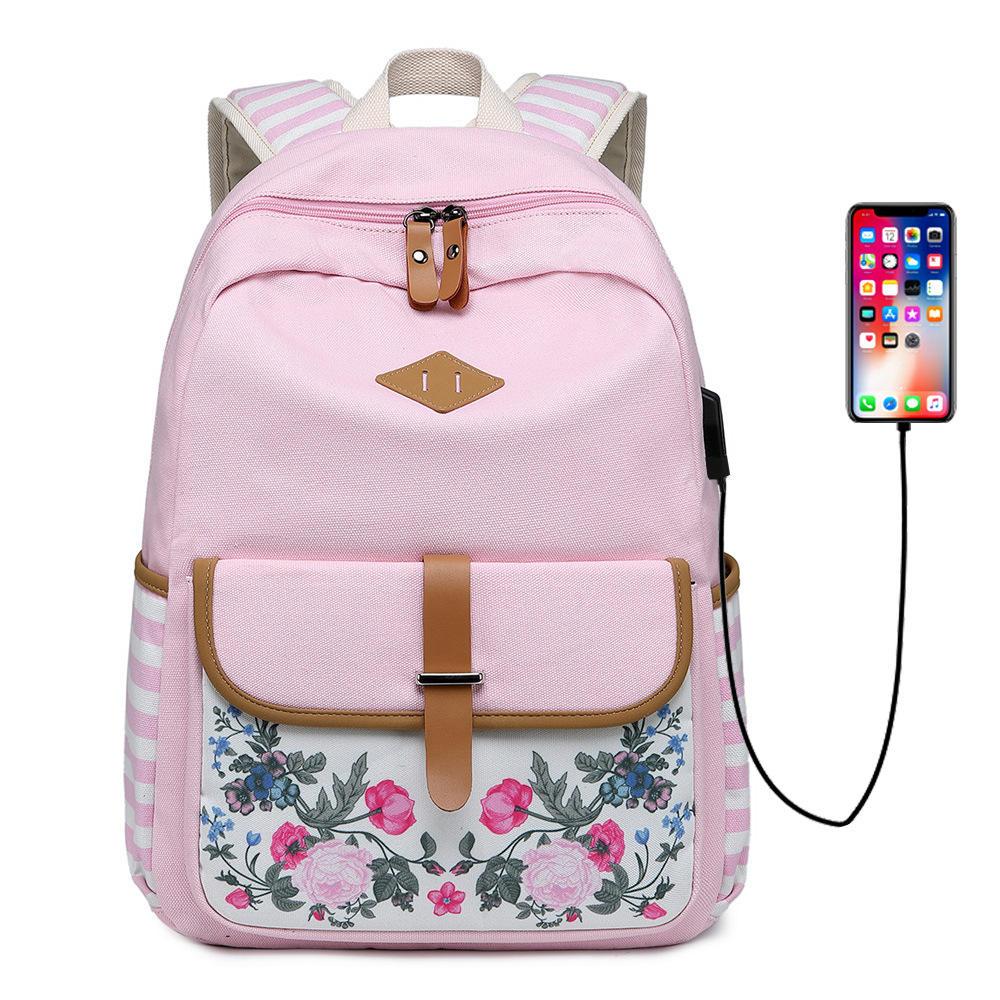 Kawaii Style Floral Backpack with USB Port | Rainbow Cabin